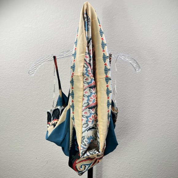 Aztec Floral Print Dress Summer Blue Spaghetti Strap Satin Silk Midi Tribal Gown - Picture 11 of 17